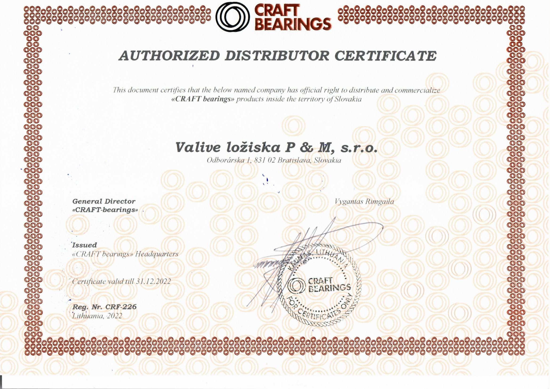Certifikát Craft Bearings 2022